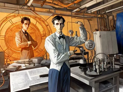 Prompt: Nikola tesla in his laboratory he has plans at the background he is wearing he's suit he is determined to create and says no to create 

