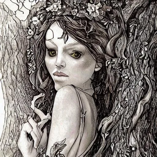 Prompt: No angels in my dreams,
just a dryad,
and a wood nymph'
each of Beauty a daughter, a queen.

One is a lover,
the other is loved.
Different spirits joined,
by a common bond of blood.

They walk in the meadows,
each far apart.
With them I walk
while the eastern sun is aglow.

We walk in silence,
a song on our lips.
We walk on together,
while in our hearts joy leaps.