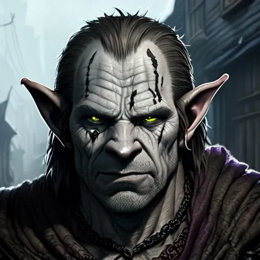 Prompt: fully body portrait of scowling Ralph Fiennes as an orc with grey skin, ugly rough, thief clothes, walking in a fantasy alley, rats on the ground, cinematic lighting, dark colors, in fantasy style
