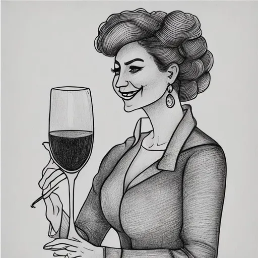 Prompt: A hand drawn picture of a happy posh woman holding a glass of wine, simple lines