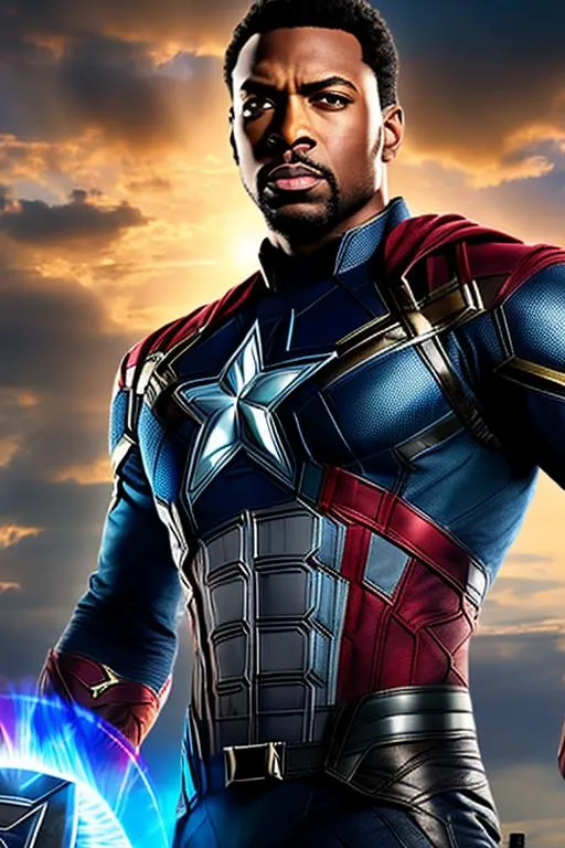 Prompt: High-resolution hyperrealistic image of blue-marvel adam-brashear merged with isaiah-bradley-black-captain-america, highly detailed, photorealistic, uhd, hdr, 64k