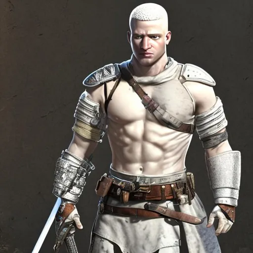 Prompt: male,albino,warrior,30-year-old,mercenary,very short hair,medieval,tough,handsome,white hair,the slightest stubble,leather armor,scarred,slightly grinning,