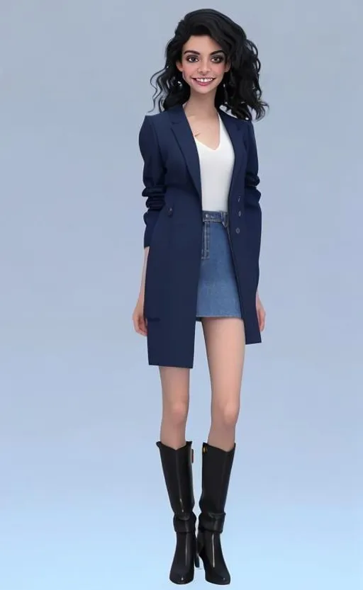 Prompt: 5"11 185 Lbs. Long Wavy Jet Raven Black Hair, Big Blue Eyes. Very Thin smooth nose and lips. Nice smile with very white straight teeth. Square  Jaw.  Navy Blazer, Midi Denim Jean Skirt just above the knees. Knee High Smooth Leather, robust, shiny, flat riding boots. Photorealistic. Model her after Hadeel Sittu.