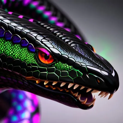 Prompt: a face shot of a twelve-foot snake with black and green markings and red eyes purple aura and a dragon-like face, very glossy and shiny, reflective, perfect composition, hyperrealistic, super detailed, 8k, high quality, trending art, trending on artstation, sharp focus, studio photo, intricate details, highly detailed, Trending on Artstation, Cozy wallpaper, Pastel colors, soft lighting