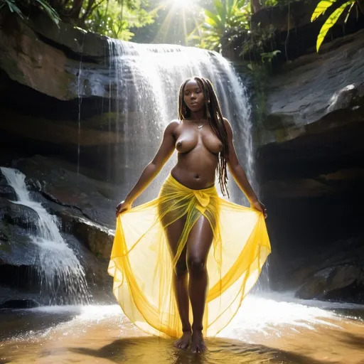 Prompt: A wide tropical waterfall. A skinny beautiful black woman, in a yellow see-through and translucent summer skirt with sunlight shining through the skirt. No top. Mammaries. Front facing. She has long dreadlocks coming down her back. She is facing the camera. See-through skirt. Laying down. Prostate. The sun is visible through her dress between her legs. She is changing her clothes.  She is wet. Water colour style.