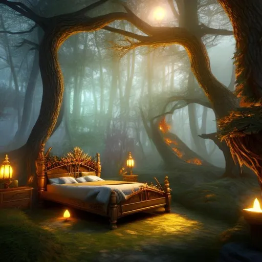 Prompt: fantasy forest, bedroom interior, UHD, HD, 8K, 