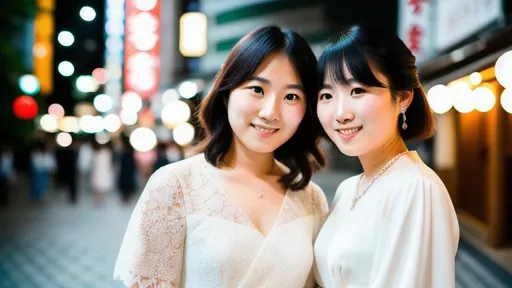 Prompt: a medium-shot photograph of a young mid-20s Japanese lesbian couple taking cute engagement photos together in Tokyo, Japan. Both ladies dress elegant and feminine. soft lighting, romantic mood. taken with a Bokeh lens.