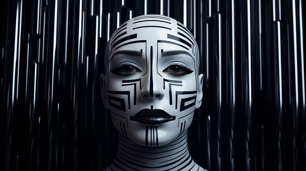 Prompt: 'face in the dark' image from the artist 'apollos tzavahniki', in the style of high-tech futurism, stop-motion animation, horizontal stripes, chrome reflections, light silver and dark navy, mind-bending patterns, futuristic robots