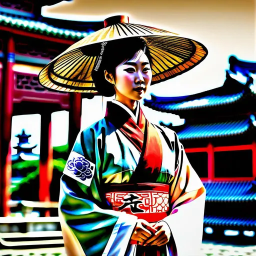 Prompt: An Asian woman wearing an ascot necktie with a traditional robe, Hanfu, the person is wearing a mix of a business suit and East Asian attire, the person is wearing a fancy sun hat, the person is surrounded by domed buildings with Chinese roofs, landscape, realistic, photograph