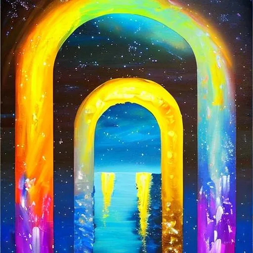 Prompt: Transform the concept of the arch of heaven with lights into a modern oil painting that exudes creativity and innovation. Use dynamic brush strokes and bold colors to create a contemporary take on the traditional idea. Emphasize the contrast between the day and night and the changes of the year with your own unique interpretation. Take inspiration from the beauty of the universe and make this painting truly extraordinary.