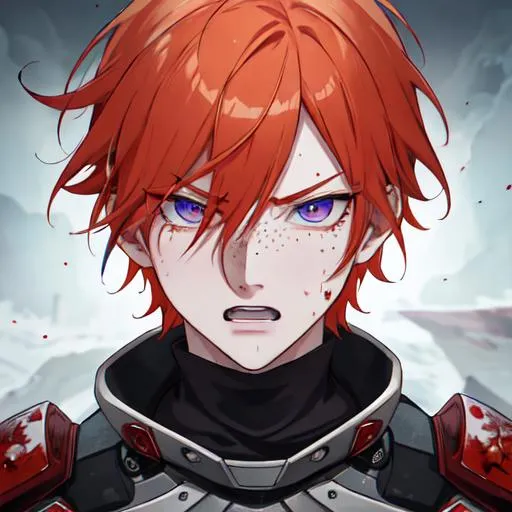 Prompt: Erikku male adult (short ginger hair, freckles, right eye blue left eye purple) UHD, 8K, Highly detailed, insane detail, best quality, high quality,  anime style, in purgatory, angry, fighting, covered in blood