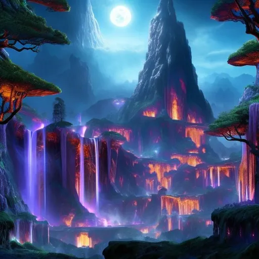 Prompt: Envision a civilization near a glowing waterfall in a lush forest. Fantasy, another dimension. Hyperrealistic, UHD, HD, 8K, houses, beautiful, highly detailed