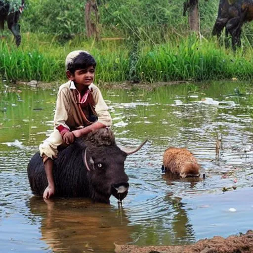 Prompt: An indian village boy sitting on a buffalo in a pond singing
