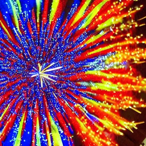 Prompt: Fireworks made of pieces of stain glass.
