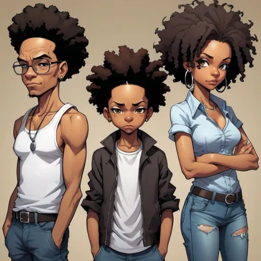 Prompt: Adult version of Huey, Riley and Jazmine from the boondocks as real people