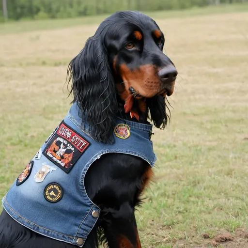 Prompt: gordon setter wearing a heavy metal music denim vest with patches