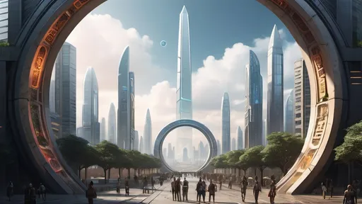 Prompt: human-scale circular portal, portal between different cities realms worlds kingdoms, ring standing on edge, freestanding ring, hieroglyphs on ring, complete ring, obelisks, futuristic towers, garden plaza, hotels, office buildings, shopping malls, large wide-open city plaza, elevated view, futuristic cyberpunk dystopian setting