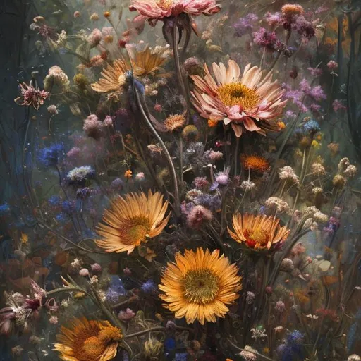 Prompt: "A Chaotic Whirlwind Of Wildflowers And Leaves, Intricate Details, Aesthetically Pleasing And Harmonious Natural Colors, Art By Marco Mazzoni, Impressionism, Detailed, Dark, Flowers Heavy Brushstrokes, Textured Paint, Oil Painting, Dramatic, 8k, Trending On Artstation, Painting By Vittorio Matteo Co, Heavy Brushstrokes, Textured Paint, Impasto Paint, Highly Detailed, Intricate, Cinematic Lighting, Oil Painting, Highly Textured Skin, Dramatic, 8k, Trending On Artstation, Painting By Vittorio Matteo Corcos And Albert Lynch And Tom Roberts

