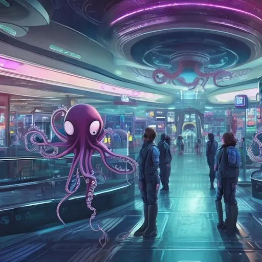 Prompt: octopus security guards in a busy alien mall, widescreen, infinity vanishing point, galaxy background, surprise easter egg