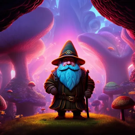 Prompt: Mushroom, dwarf, gnome, magic, fantsy, mushroom man, living fungus, spores, glow, purples pinks oranges and greens, cave, dim lighting, spooky, adventure, long ears, big nose, bearded
