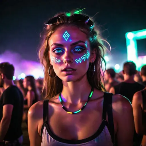 Prompt: darkness, in the foreground extremely beautiful fashion model: soul of the correct shape, sweaty hair, extremely big extremely dilated pupils, ecstasy drug extremely addicted, mdma extremely intoxicated, Standing against the background of edm festival at night near a sound system with a loud sound speakers, neon ligth glow at the background