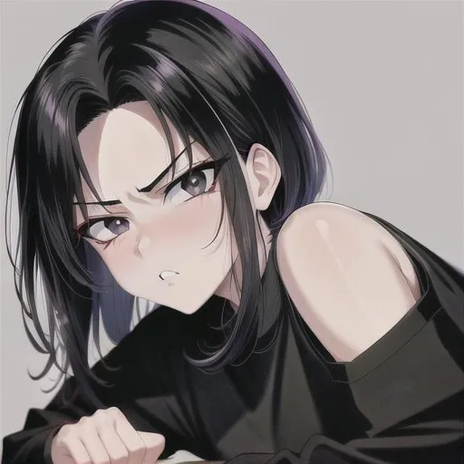 Prompt:  90s anime style, detailed, intricate face, portrait, detailed eyes, gentle tones, light shading, 90s tones, 90s era, Japanese theme, {{death stare}}, 1 boy, boy with feminine feature's, perfect body, black hair, black eyes, black clothes, black background 