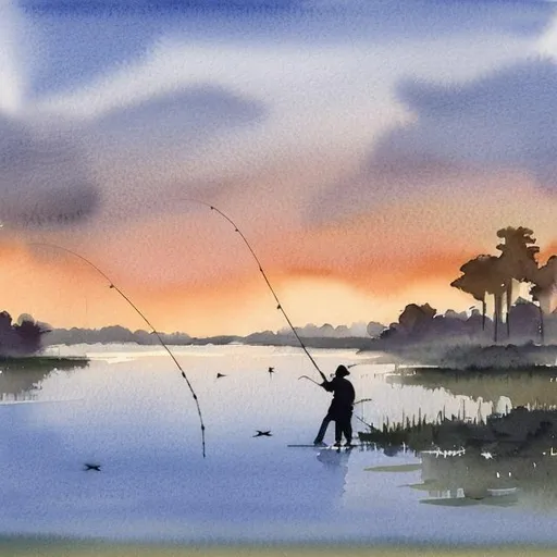 Prompt: Fishing on a Lagoon on Dusk in Watercolor