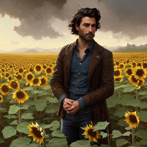 Prompt: Wide angle full body splash art portrait of a young skinny ruggedly handsome dark brown haired man with short hair, 30 years old, in a sunflower field, very dark brown eyes, victorian light clothes, elegant, highly detailed, intricate, smooth, sharp focus, artstation, digital painting, concept art, art by greg rutkowski, alphonse mucha and John William Waterhouse, light, romantic, nostalgic, warm colors, golden light