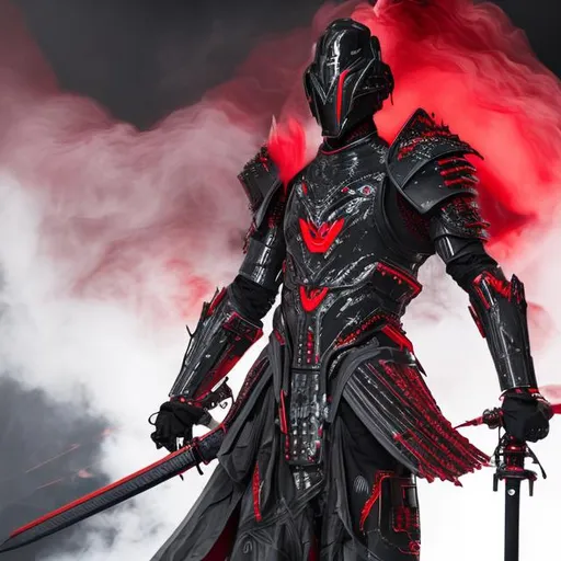 Prompt: black and red futuristic armor with black smoke emanating off of the seams in the suit a sword that has black and red smoke coming off the sword and with a red blade full body