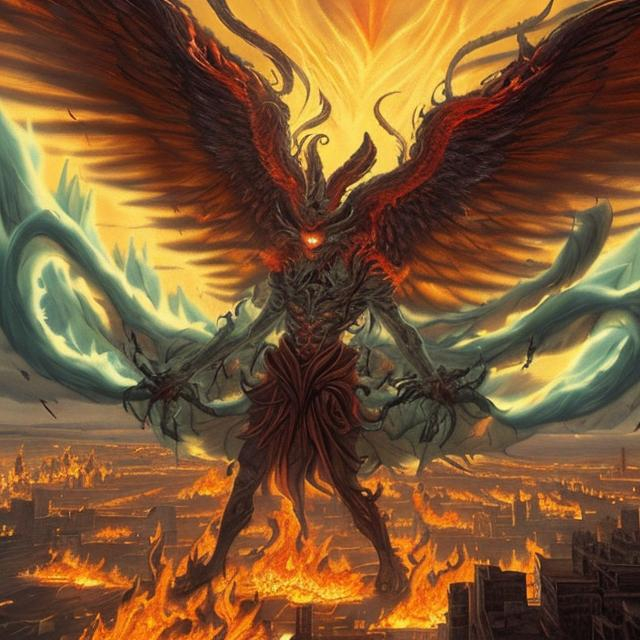 A giant four winged demon standing over a burning city