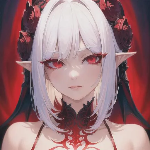 Prompt: (masterpiece, illustration, best quality:1.2), short pure white hair, demonic like red eyes, wearing red silky nightgown, best quality face, best quality, best quality skin, best quality eyes, best quality lips, ultra-detailed eyes, ultra-detailed hair, ultra-detailed, illustration, colorful, soft glow, 1 girl