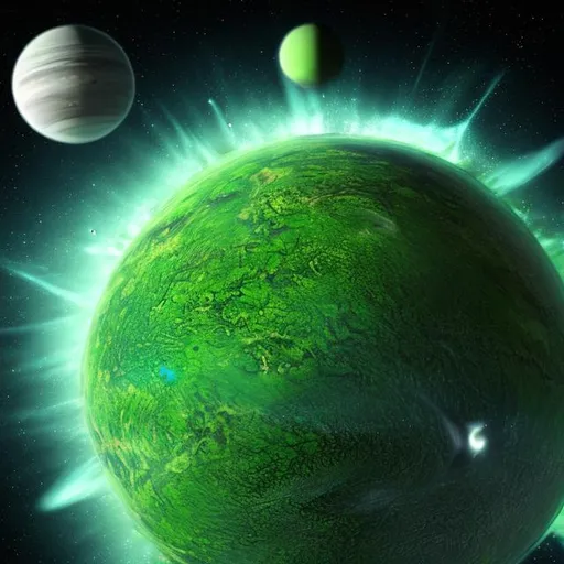 Prompt: green planet with water in unknown universe