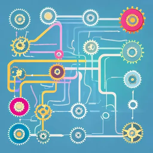 Prompt: set of gears in a flow chart process, no text, using soft edges and colours


