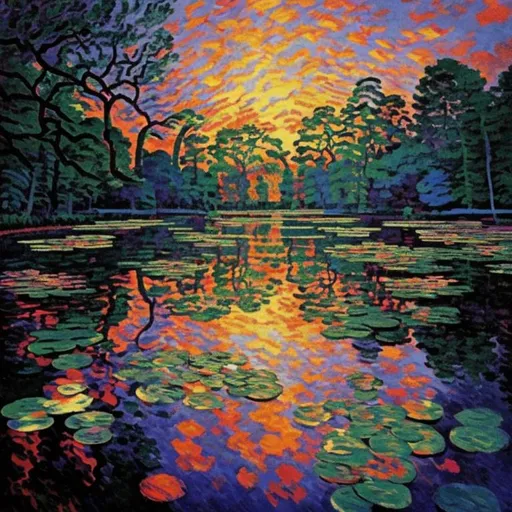 Prompt: Amidst a quiet forest glade, the waters of a serene pond shimmer with kaleidoscopic reflections of the changing sky above. Art by Armand Guillaumin and Eric carle