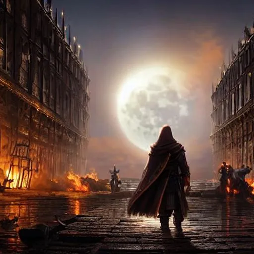 Prompt: full moon in the sky, a hooded man, walking towards the camera, walking along an ancient Greek dock, warehouse on fire in the background, D&D, highly detailed, digital painting, concept art, sharp focus, illustration, art by artgerm and greg rutkowski and alphonse mucha