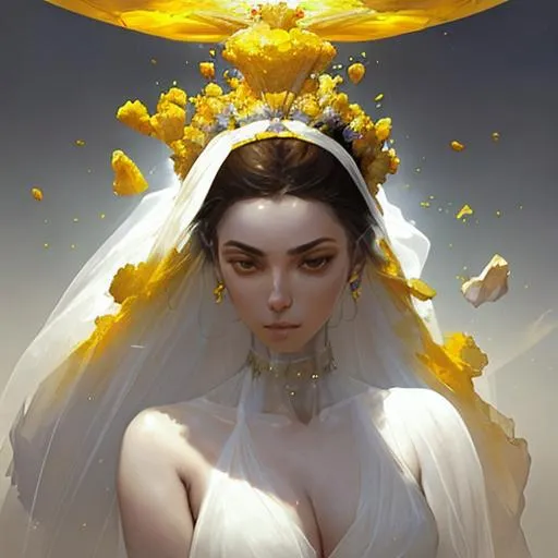 Prompt: queen in yelow crystal geode, sheer white cloth falling down around her, by artgerm, alessio albi, fabian perez, pino daeni, karol bak, cushart, wlop, craig mullins, peter mohrbacher, daniel f gerhartz, malcolm liepke