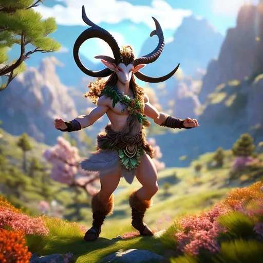 Prompt: a satyr druid, wearing a flower wreath, wielding a spear. dynamic pose, digigrade. Standing on top of a mountain. background {red rocks, pink pine trees, sakura blossoms, sunflowers}. Perfect Anatomy, Perfect Horns {goat horns}.