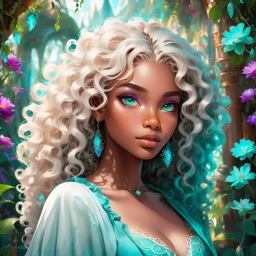 Prompt: (beautiful young black woman), vibrant fantasy style,chocolate brown skin, luxurious white curly/coily hair, striking turquoise eyes, magical atmosphere, enchanting light, whimsical background filled with fantastical elements, lush colors, dreamy vibe, high depth, ultra-detailed, captivating and imaginative composition.