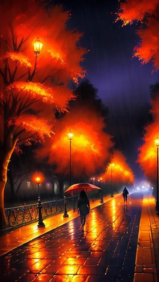 Prompt: A walk in the park at night on wet city streets in the autumn in the style of Leonid Afromov

