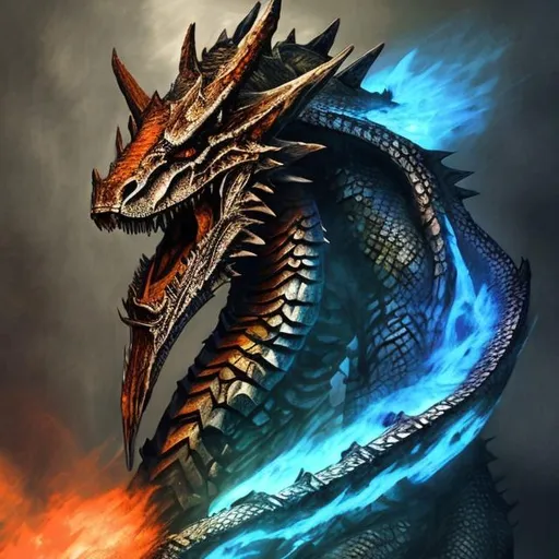 Prompt: orange and blue skyrim dragon elder scrolls art