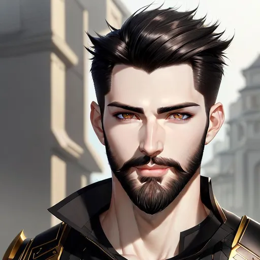 Prompt: male, handsome face with stubble beard, pale skin, smirk, black hair, short hair,Balayage, heavenly radiant background, potraite, wearing techware, attire, confident, brown - grey eyes, almond shaped eyes, well defined eyes, , anatomically accurate, artstation, hyper detailed facial features and eyes, hd, high definition, 8k resolution, by justin gerard and greg rutkowski, digital art