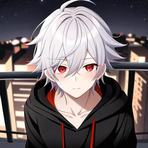 Prompt: A cute anime boy with wight hair with red eye in a black hoodie and the background is dark theme and is night and dark background he is on the roof top with some fallen star