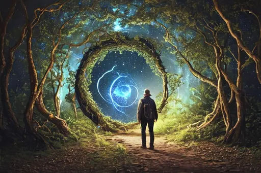 Prompt: a man walking on a path in the wood, into the swirling space portal on the thorny ground, in the night sky