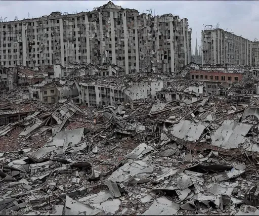 Prompt: destroyed buildings after nuclear Apocalypse in Moscow