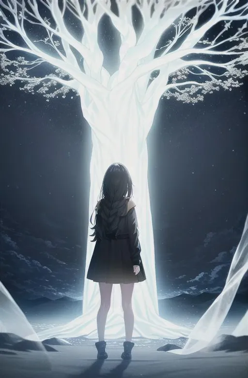 Prompt: in the distance a dark-haired girl stands against the background of a huge tree made of light, surrounded by sand and the night sky