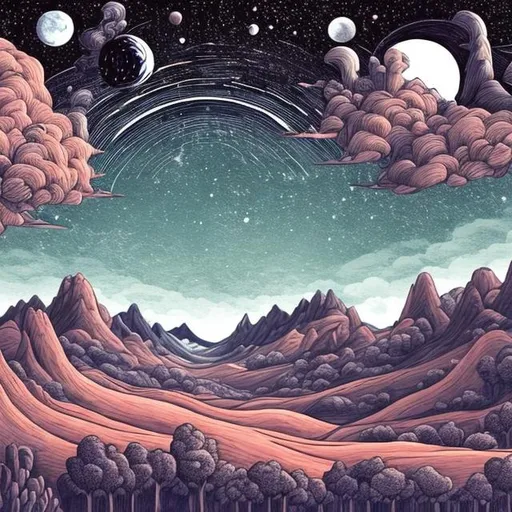 Prompt: A hand drawing of a valley with a couple trees and an open sky. In the sky there are many stars, the moon, and a space ship. The style is realistic 