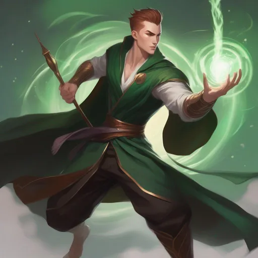 Prompt: a dynamic waist up drawing of an athletic, adult slender muscular male mage in movement, wearing a dark green wizars robe with a cape, loincloth, white shirt underneath, very short extremely deep dark brown slicked back pompadour undercut with dark ginger highlights and shaved sides, very bright and pale milky skin. He fights with a wooden magic staff with a crystal and shoots magical pulses in motion, in rage, soft feminine body features, rising, athlete, scarred face, Smooth skin, detailed face, well drawn face. Akira art, Ghost in the shell art. Masamune Shirow art. anime art. Leiji Matsumoto art. Akira art. Otomo art. 2d. 2d art.