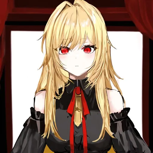 Prompt: Portrait of a cute girl with blonde hair and red eyes wearing a black and gold dress