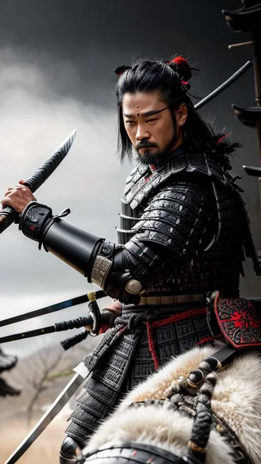 Prompt: Intricately detailed Samurai in Dark grey and Black Colored Samurai Armor, Wearing a Oni Mask on his face, Ronin, Photorealistic, Film Quality, Filmic, Hyperrealistic, Hyperdetailed, Japanese Aesthetic, Beautiful Sword Detail, Striking eyes, Inspired by a young Hiroyuki Sanada, dynamic lighting, Striking, Action pose, Movie Quality