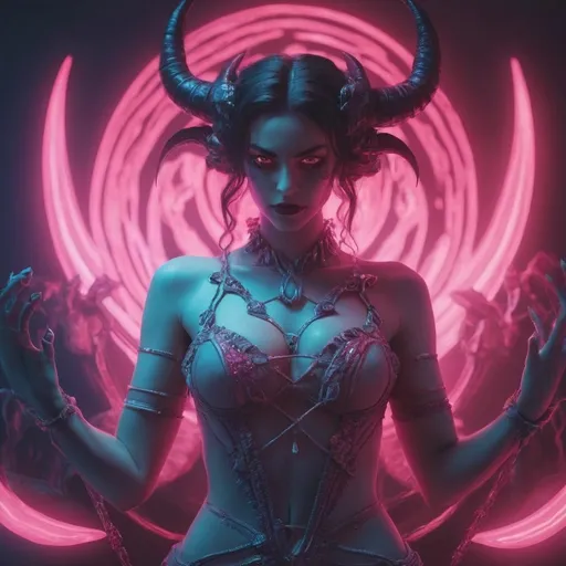 Prompt: beautiful female demon, hell, demonic, vaporwave, retro, neon, aesthetic, liminal, high quality, high definition, beautiful, dramatic lighting